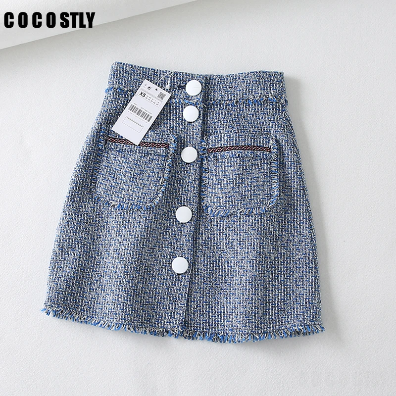 Elegant Tweed Skirt Women Autumn Sexy Wrap Skirt Women Button Plaid