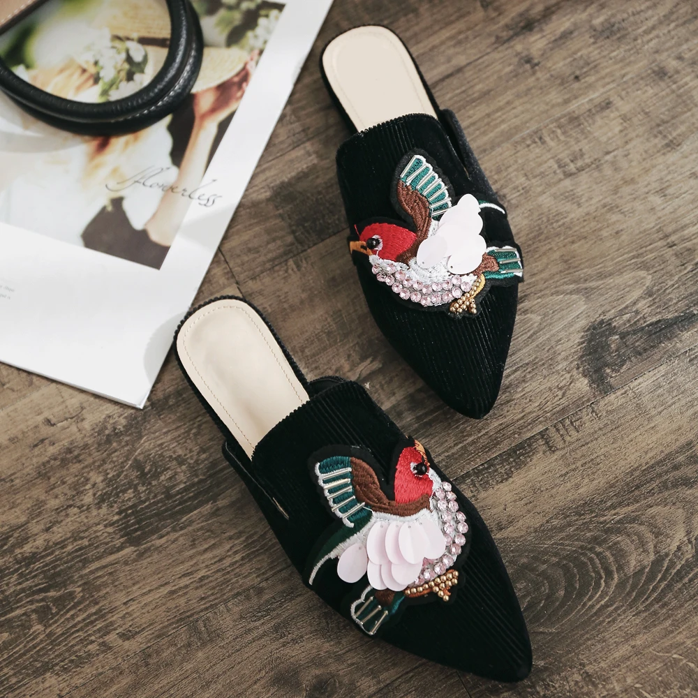 2018 Luxury Women Slippers With Bird Embroidered, Lady Corduroy Crystal