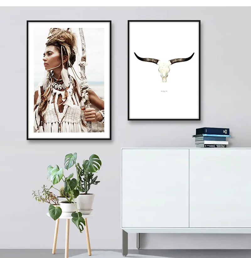 Американский индеец Девушка перо Wal Art Холст живопись плакаты и принты в богемном стиле украшения картины для гостиной
