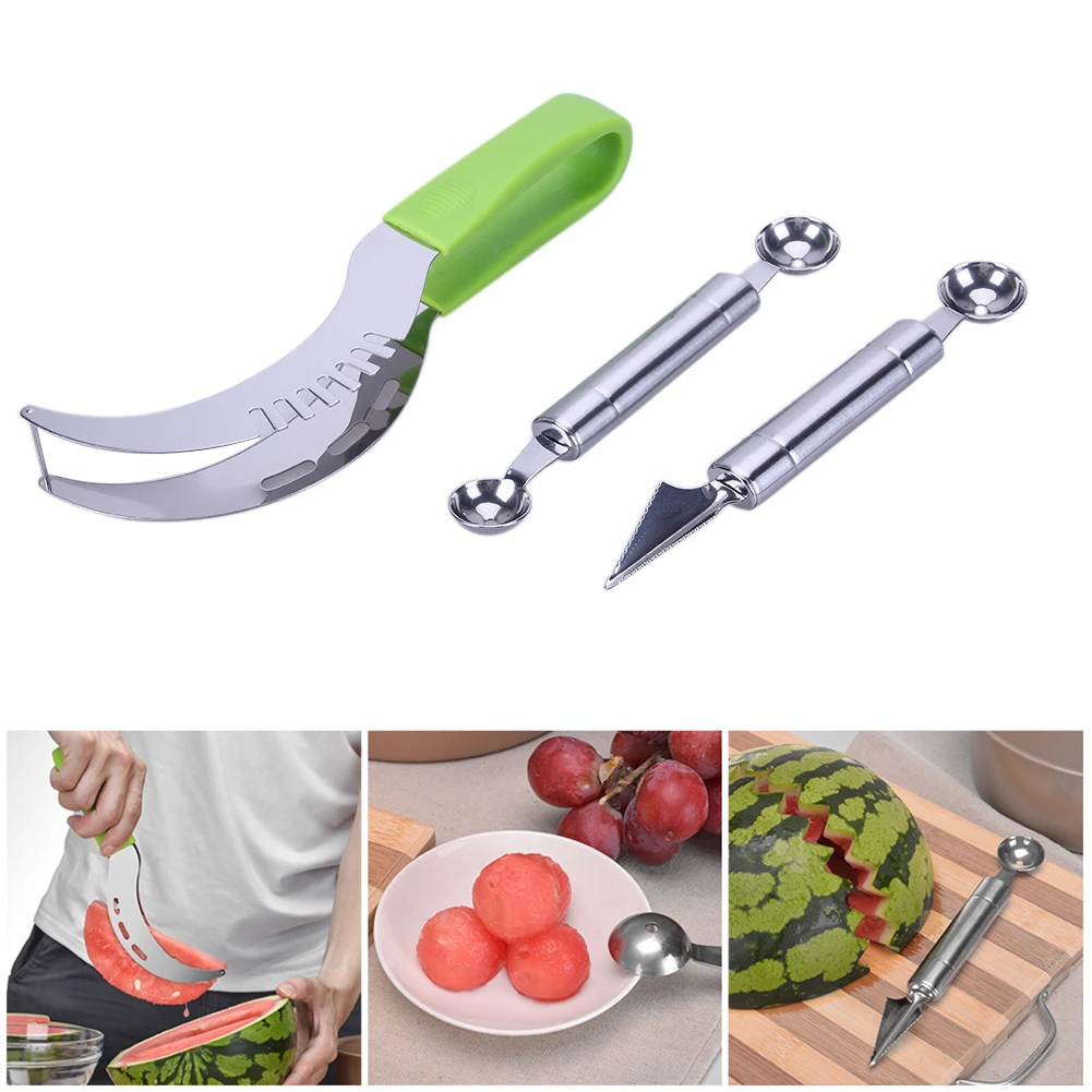 3Pcs set Stainless Steel Watermelon Slicer Fruit Melon Cutter Corer Scoops Kitchen Melon Knife Ballers Kithcen