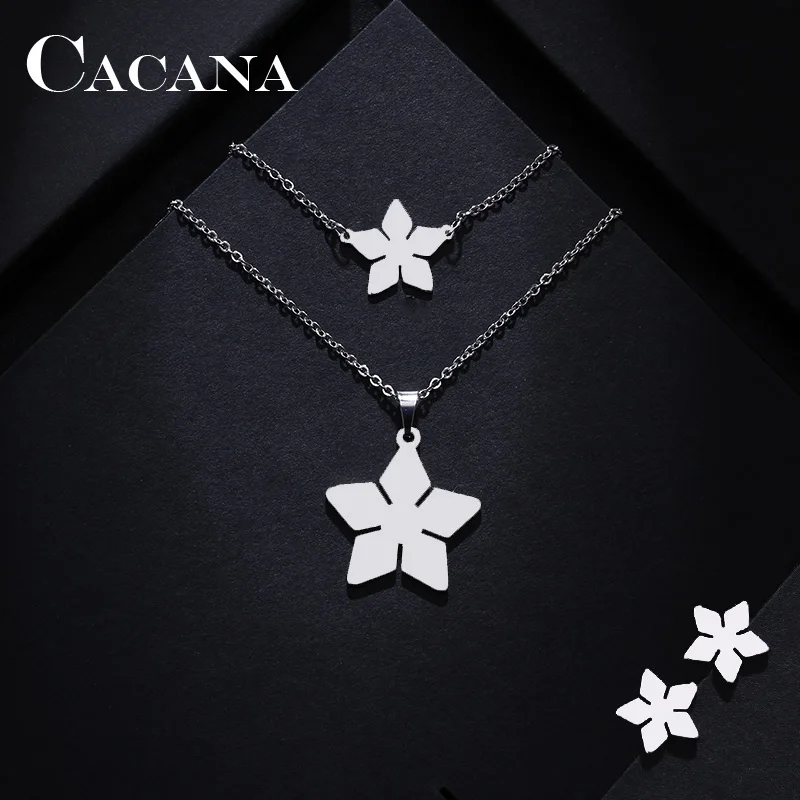 CACANA Stainless Steel Sets For Women Pentagon Flower Shape Necklace Bracelets Earrings For Women Lover's Engagement Jewelry 559