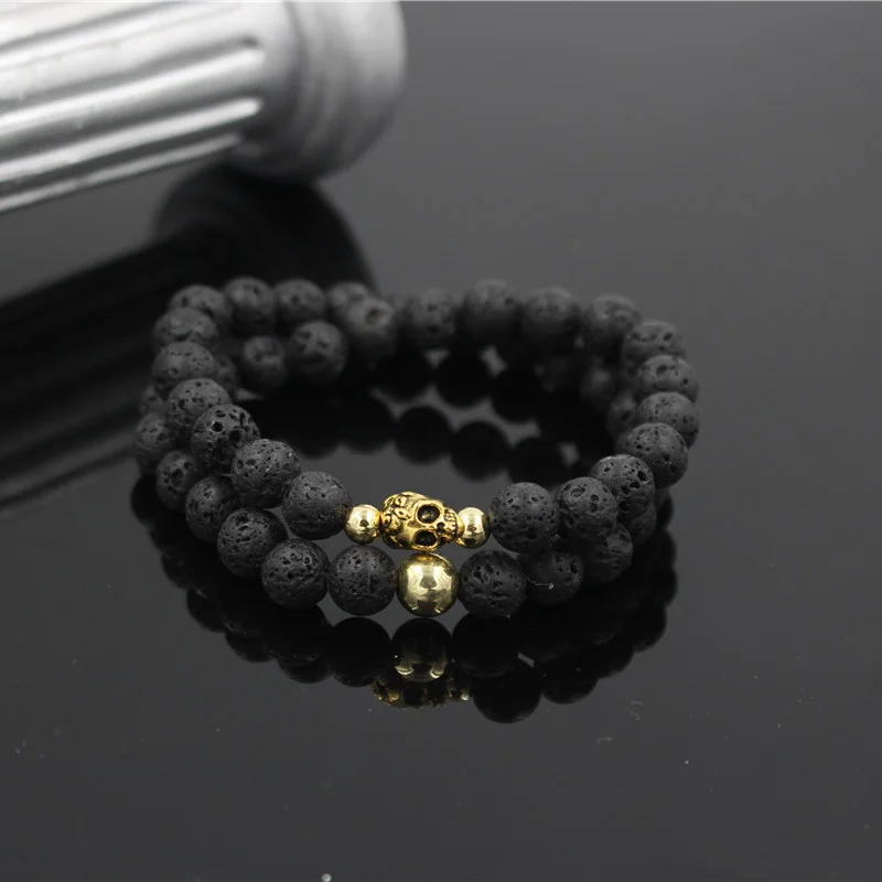 

2017 New Fashion Double 2 Layer Natural Lava Stone Bead Wrap Bracelet Punk Antique Gold Color Elastic Men's Strand Yoga Bracelet