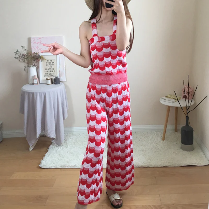 

Women Knitted Pants Set 2019 Summer Spaghetti Straps Block Color Jacquard Knitted Vest Top and Wide Leg Pants Two Piece Suits