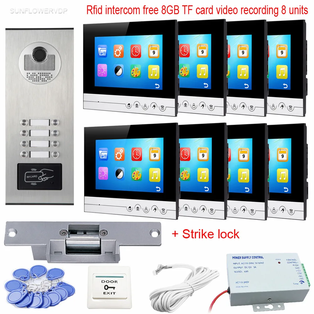 

Free 8GB TF Video Recording Rfid Home Video Intercom Videophone 8 Monitors Wired Doorbell Intercom System+ Electric Strike Lock