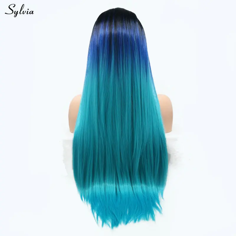 Sylvia Длинные шелковый прямой парик черный темно синий свет голубые парики синтетический синтетические волосы на кружеве парик для женщин