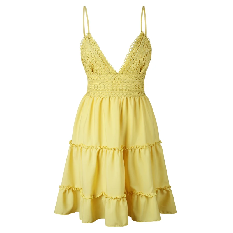 Летнее платье, женское кружевное повседневное пляжное платье с оборками, глубокий v-образный вырез, спагетти ремень, открытая спина, сексуальное мини-платье, сарафан, женские платья - Цвет: Цвет: желтый