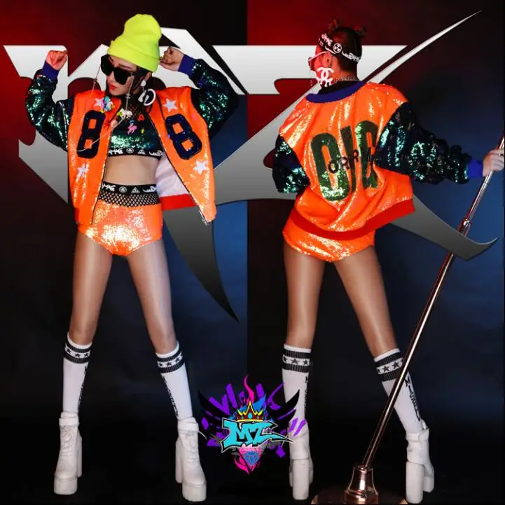 

Women's Jacket ! Hot DJ sexy colorful orange green sequins jacket bat sleeve DS jazz dance costumes Female singer female tide