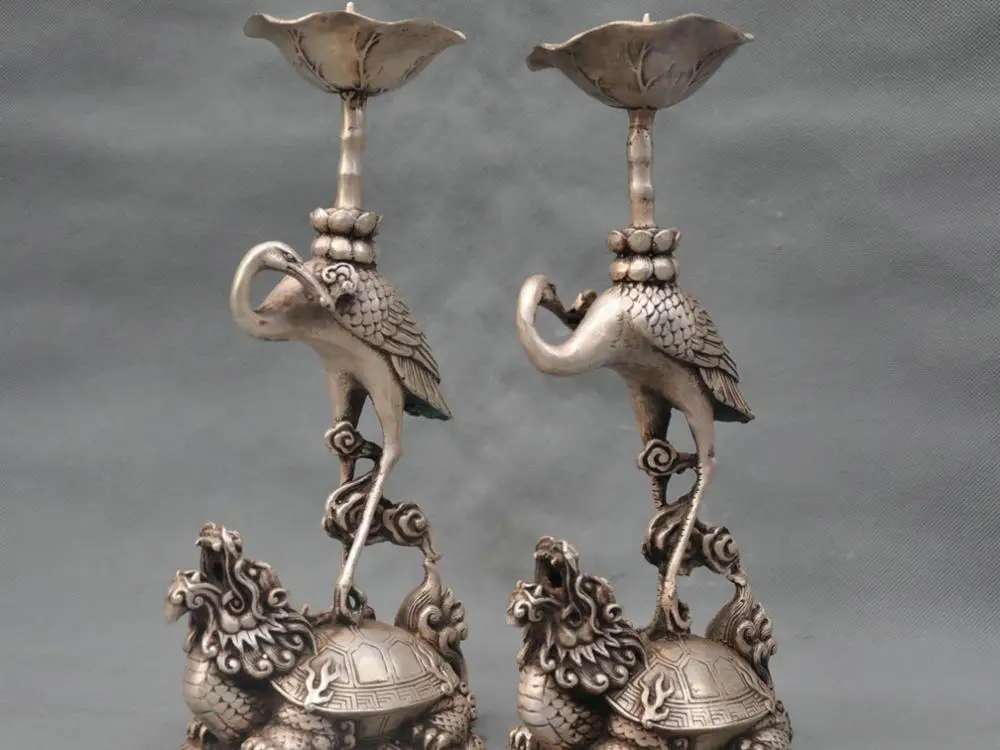 

12" China Silver Bronze Crane Dragon Turtle Candle Stick Statue