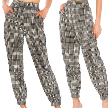

Women fashion high waist stretch loose harem pants ladies casual elastic plaid long trousers office work wear