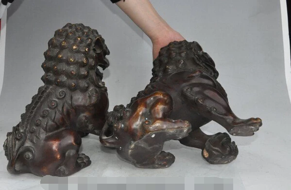 

S0325 11"china fengshui bronze evil spirits town house foo dog lion beast ball statue