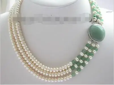

FREE SHIPPING HOT sell new Style >>>>3rows White Baroque Pearl green jade Necklace