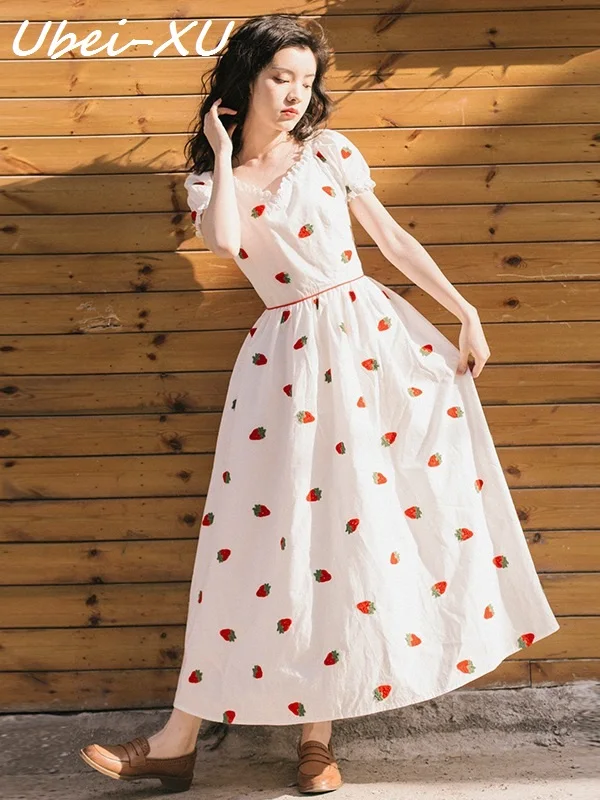

Ubei women summer white long dress pure cotton high waist retro strawberry embroidery dress girl lolita style dress high quality