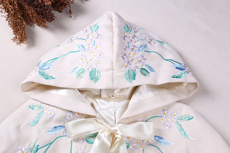 Снег, дождь цветок Вышивка Для женщин зима китайский Стиль Hanfu Винтаж 3 шт. комплект: полушерстяные накидка с капюшоном+ рубашка+ ruqun юбка