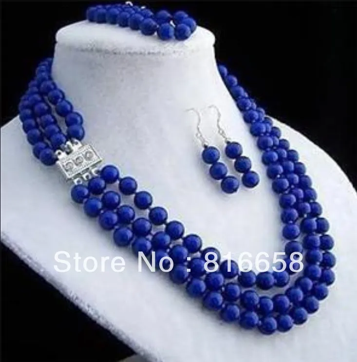 Free shipping@@Charming ! 8mm 3rows lapis lazuli necklace bracelet earring sets