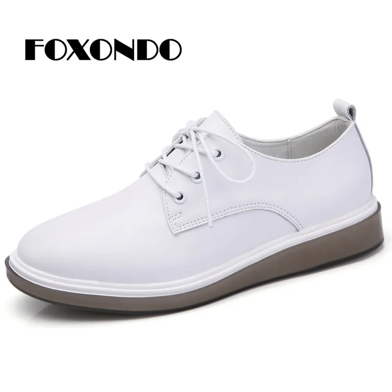 

FOXONDO 2019 Autumn women oxford shoes flats white sneakers shoes women genuine Leather lace up boat shoes moccasins loafers