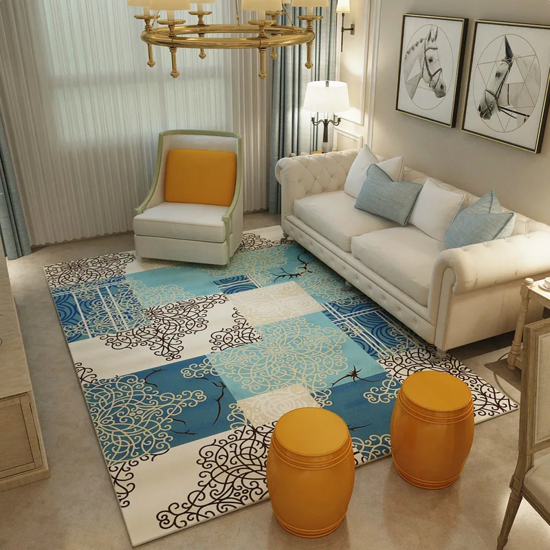 Vintage Fashion European Floral Style Nordic Blue Nonslip Soft Floor Door Mat Parlor Living Room Home Decoration Carpet Area Rug