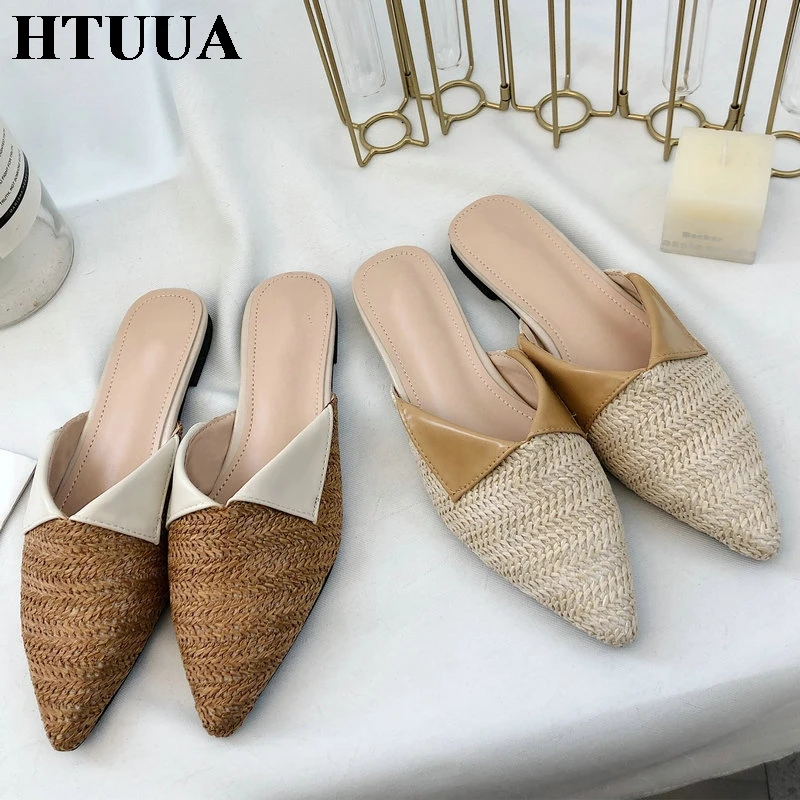 

HTUUA 2019 New Women Slippers Pointed Toe Weave Mules Shoes Woman Summer Flat Slides Outside Beach Flip Flop Slip On Shoes S2426