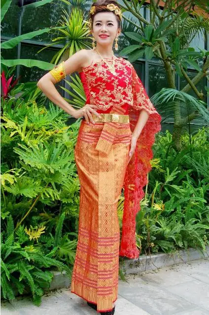 Азия Таис Лаос Вьетнам дай нация народный танец костюм дай красный шарф одно плечо традиционный без рукавов свадебный наряд для невесты