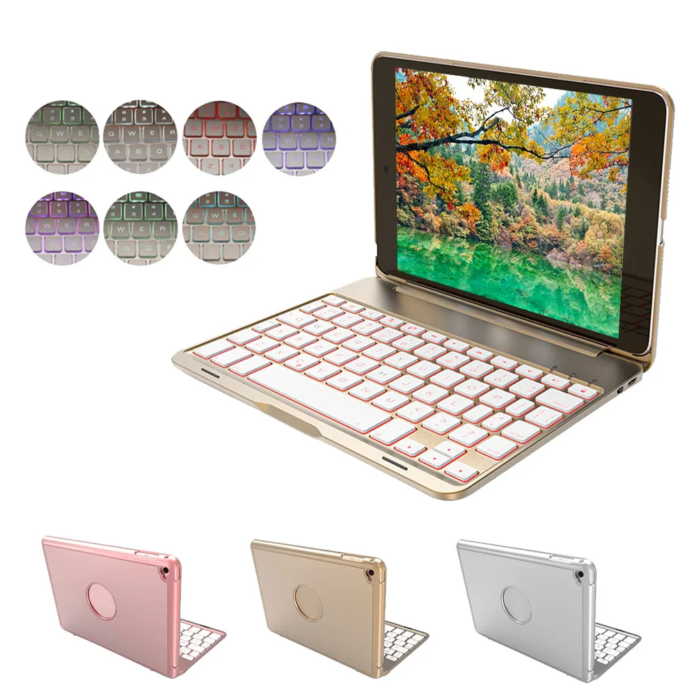 

Besegad Folding Case Cover Shell Stand Holder with Wireless Bluetooth Keyboard 7-color Backlit for Apple iPad Mini 4 7.9 Inch