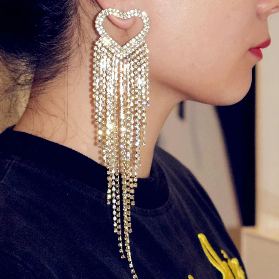 

Shiny Rhinestone Chain With Heart Charms Dangle Earrings for Women Fashion Jewelry Wedding Bridal Statement Earrings Accessories