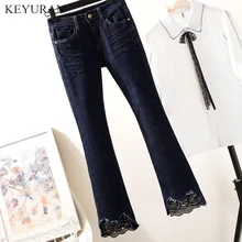Новинка года, женские весенне-осенние джинсы со средней талией и кружевами в стиле пэчворк, голубые Стрейчевые джинсовые расклешенные брюки для девочек, большие размеры L-4XL, L2938
