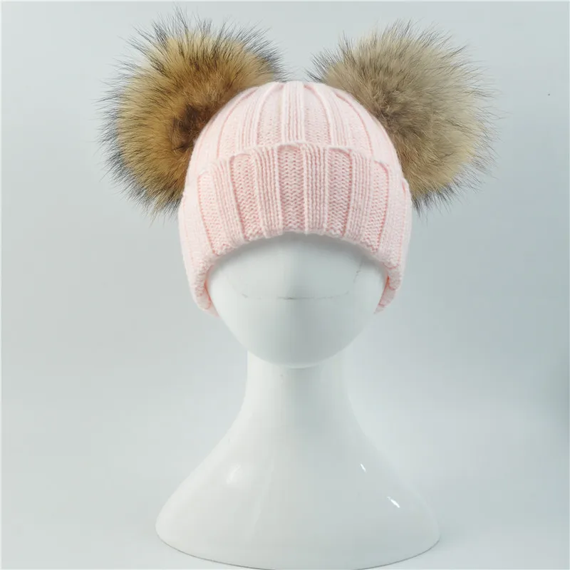 Детская Зимняя Шапка-бини с двумя помпонами из меха енота, Зимняя шерстяная вязаная шапка в полоску, двойная шапка с помпоном из натурального меха, детская шапка