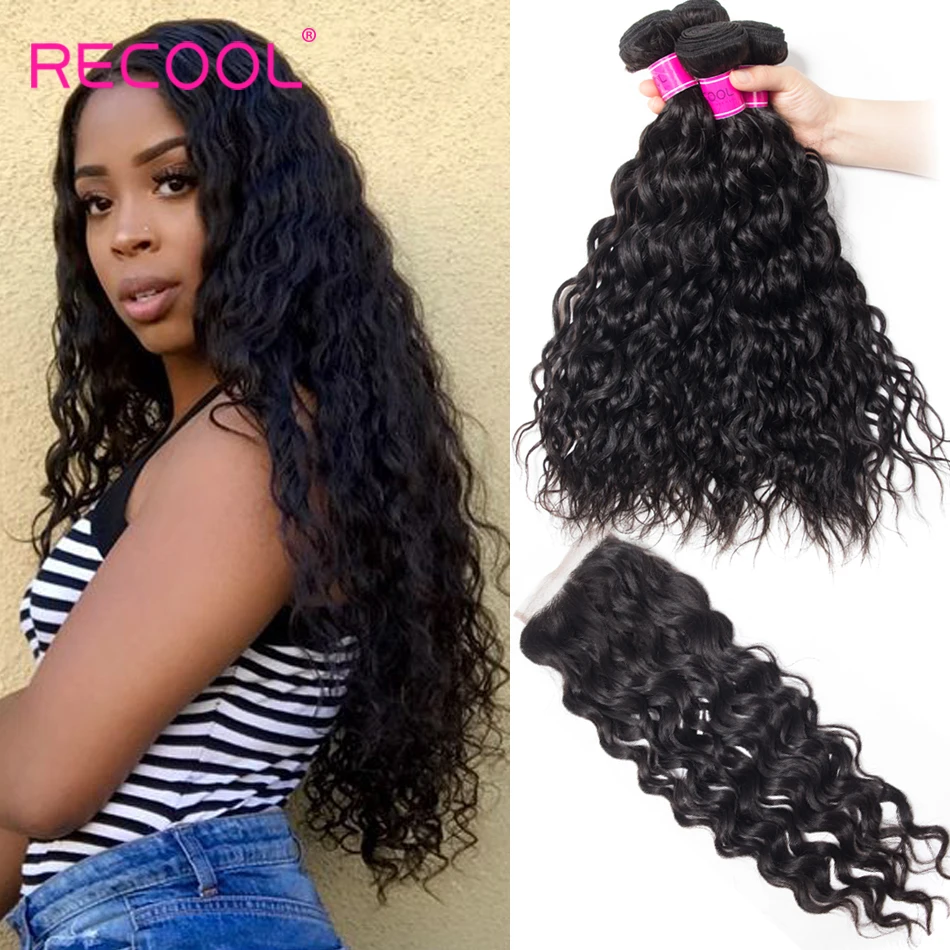 

Recool Water Wave Bundles With Closure Transparent Lace Closure Brazilian Hair Weave Bundles Human Hair 3 Bundles With Closure