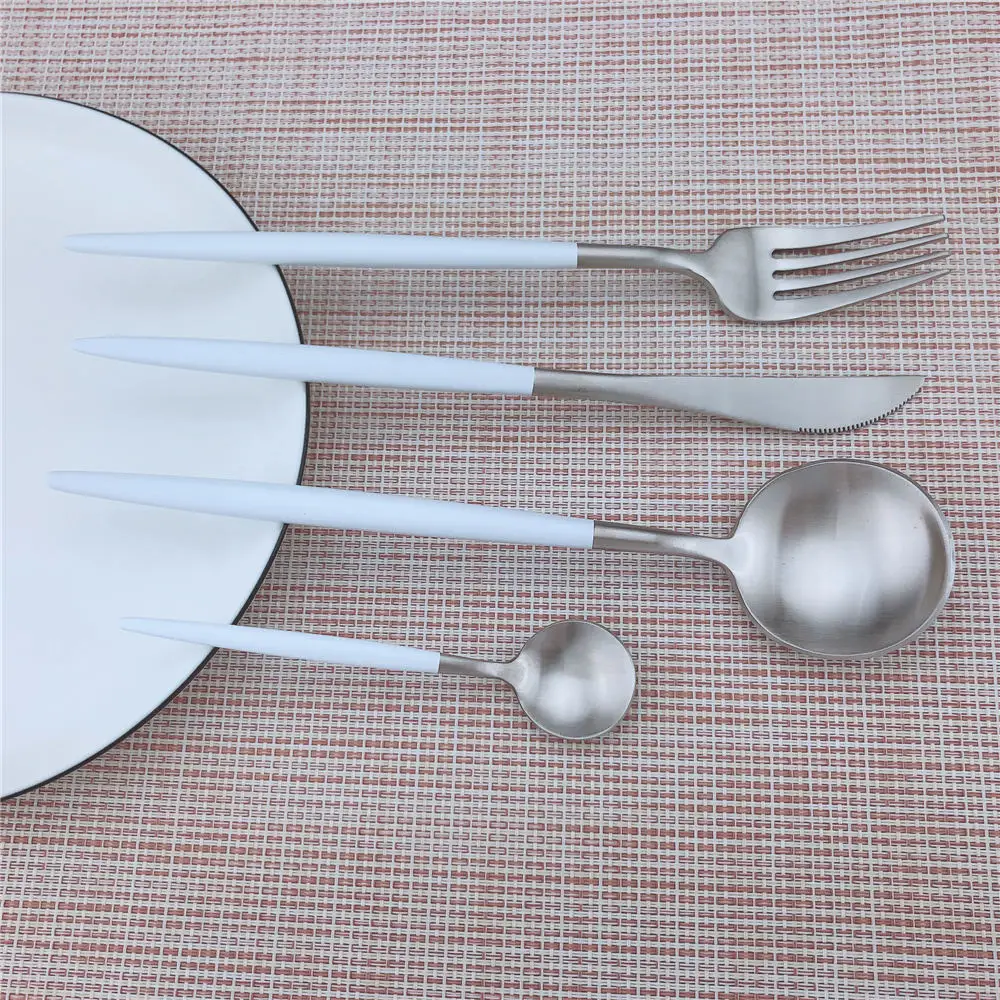 

24Pcs Dinnerware Set High Quality 18/10 Stainless Steel White Silver Party Cutlery Set Tableware Coffee Scoops Drop Shipping