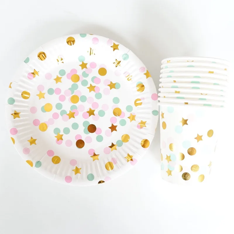 

20pcs Colorful Dot Gold Stars Disposable Tableware Party Paper Plates Baby Shower Birthday Party Supplies Paper Cups Tableware