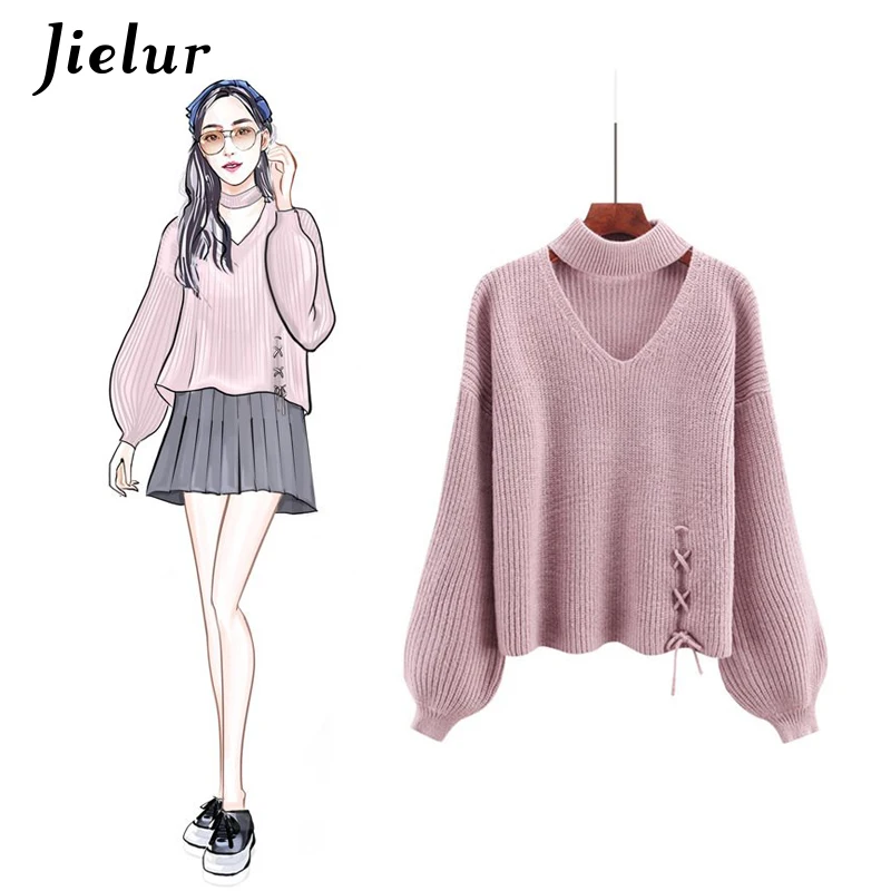 Jielur, 5 цветов, полый свитер на шнуровке, женский, корейский стиль, Зимний пуловер, рукав-фонарик, теплый, уличная одежда, Sueter Mujer