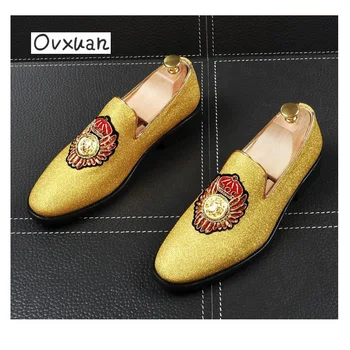 

Italian Casual Leather Shoes Male Gold Sand Rhinestones Crown Metal men Loafers Night Club Social Dinner Party Dress Flats Shoes