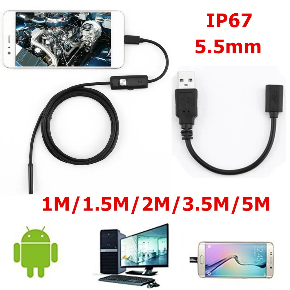 1/1. 5/2/3,5/5 м 5,5 мм эндоскоп камера 720 P мягкий кабель Водонепроницаемый 6 светодиодный мини USB эндоскоп Инспекционная камера для Android PC