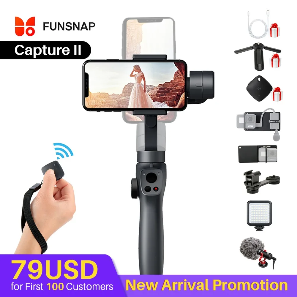 

Funsnap Caputure 2 Smartphone 3 Axis Gimba Action Camera Gimbal for IOS Andriod Gopro 7 6 5 EKEN Yi Gimbal Kit with LED Mic