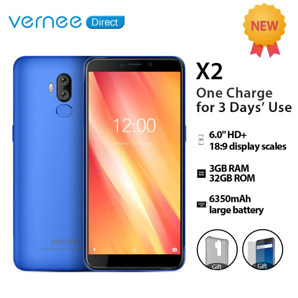 

Vernee X2 3GB RAM 32GB ROM 6350mAh 6.0 Inch Screen Cellphone Telephone 5V/2A Quick Charge Dual SIM Face ID 4G LTE Mobille phone