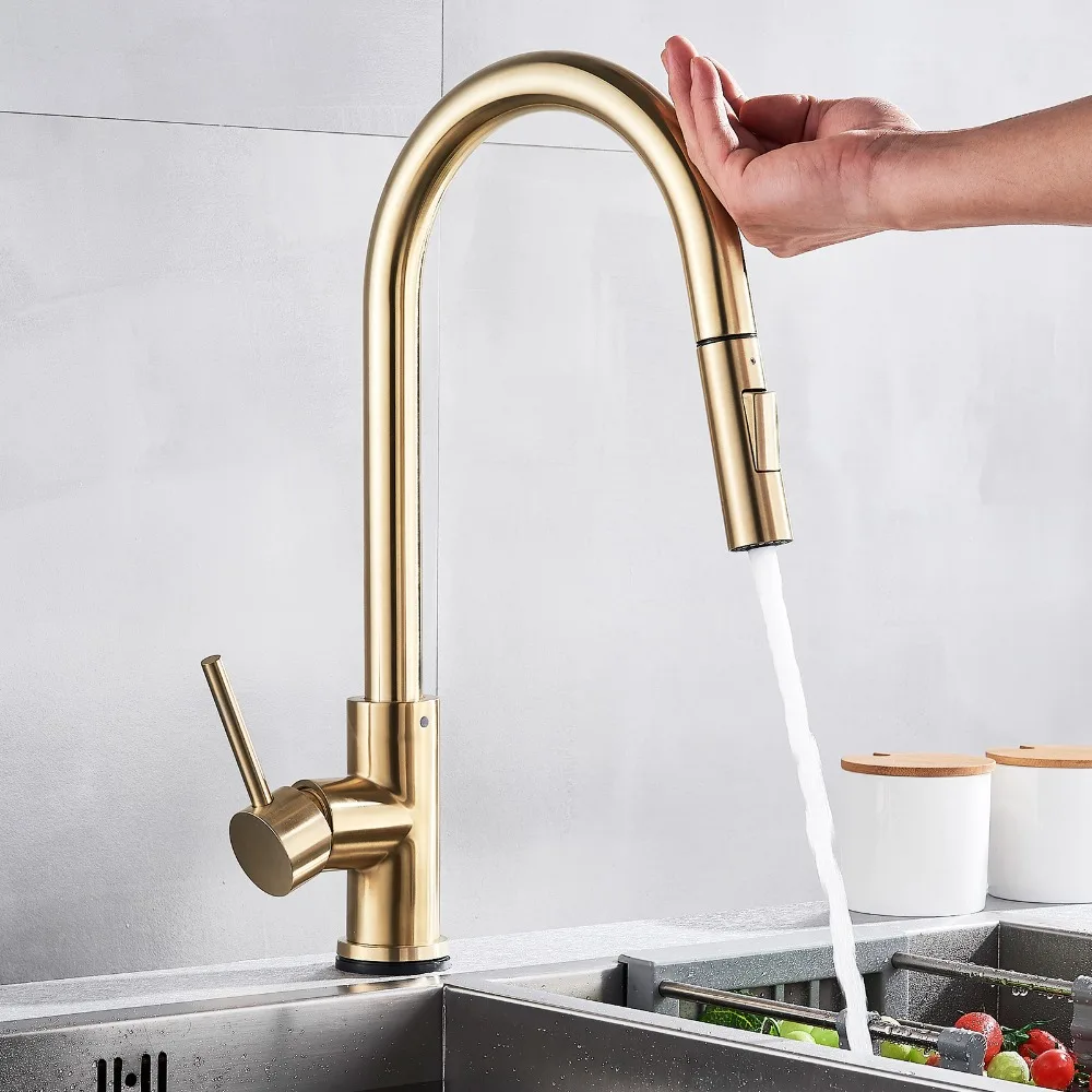 Brushed Gold Black Sensor Kitchen Faucet Pull Out Sensor Touch Kitchen Faucets Crane Dual Water Modes Mixer Single Hole Brass