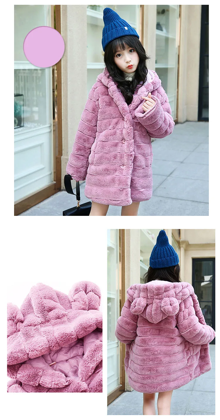 faux fur winter jackets girls hooded long cotton padded parkas fur little teens girls winter coats and jackets pink grey children  (2)