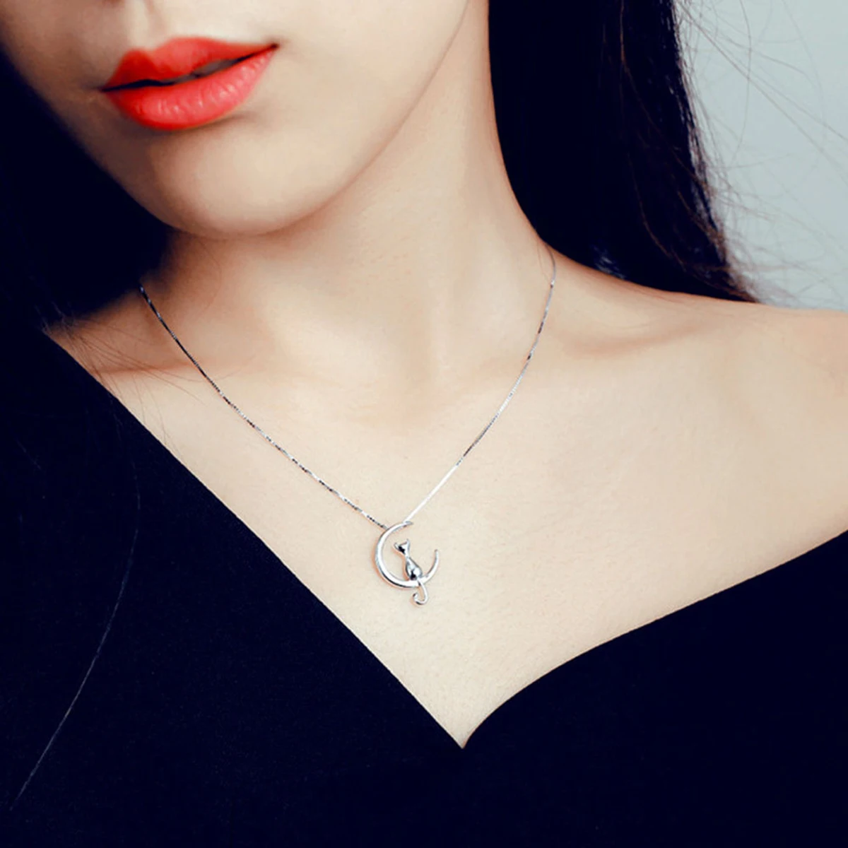 Fashion Cat Moon Pendant Necklace Charm Silver Gold Color Link Chain Necklace For Pet Lucky Jewelry For Women Gift Shellhard