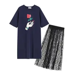 Новый Печатный футболка с коротким рукавом + сетчатые Юбки Женский комплект 2 шт. Повседневный Топ и юбка комплект