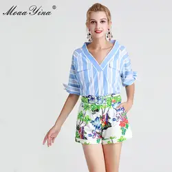MoaaYina, модный дизайнерский комплект, весна-лето, женский топ в полоску с v-образным вырезом + короткая юбка с поясом, костюм из двух предметов
