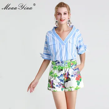 

MoaaYina Fashion Designer Set Spring Summer Women V-neck Stripe Tops+Belt Print Short skirt Two-piece suit