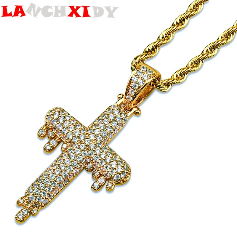 

LANCHXIDY Cross Necklace Men women Inlay Crystal Drops Cross Alloy Pendant 24 Inch Twist Chain Hip Hop Personality Jewelry Gift
