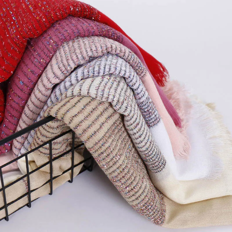 

2019 Plain Lurex Striped Line Viscose Hijab Scarf Maxi Wrap Scarves Headhand Shawls Muslim Islamic Autumn Winter Shimmer Scarves