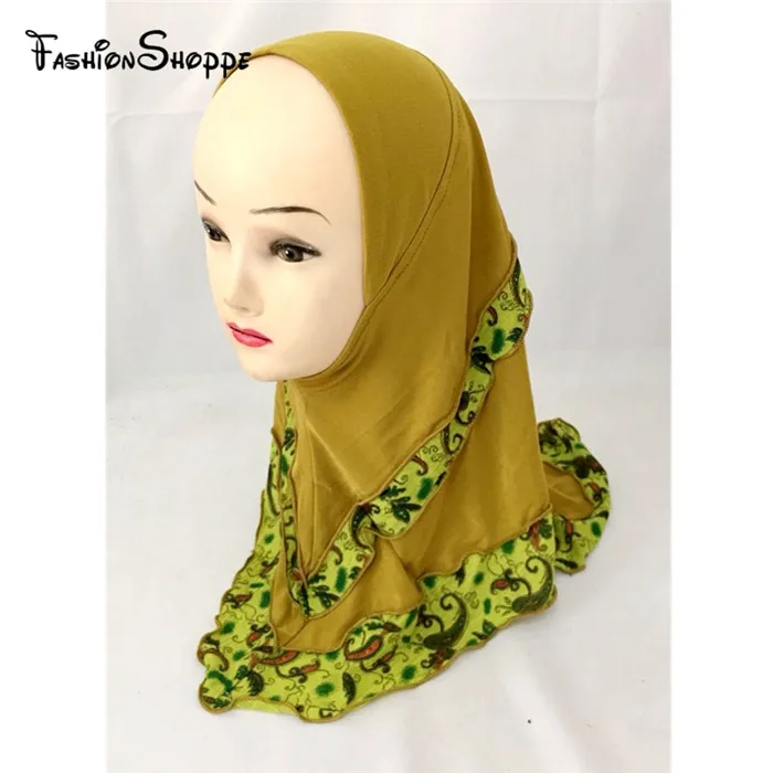 Модный детский мусульманский хиджаб с цветами для девочек, исламский шарф, арабские шали, головные уборы# GM0657-2 - Цвет: Dark Yellow2