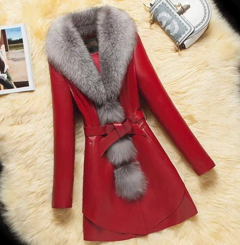 

PU leather women's faux fur big fur collar coats 2019 autumn winter new slimming long paragraph large size warm jacket outerwear
