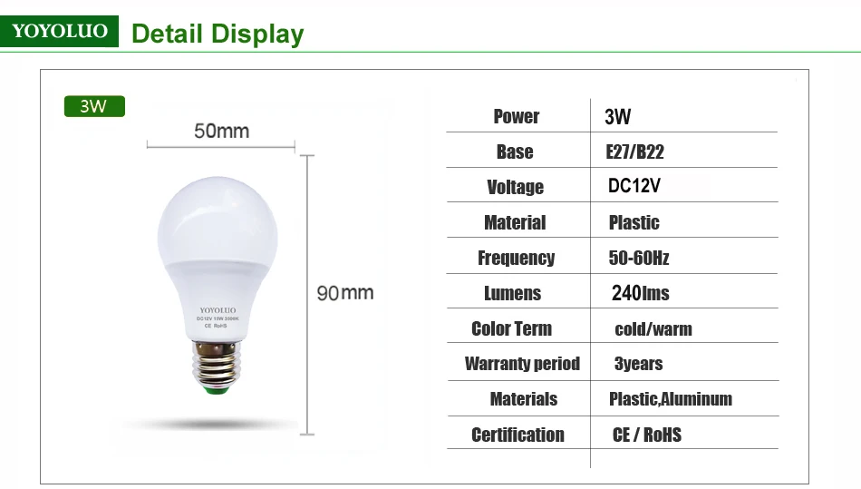 [YOYOLUO] E27 светодиодный светильник 3 Вт 6 Вт DC12V светодиодный светильник 9 Вт 12 Вт 15 Вт энергосберегающая лампада DC12 Вольт Светодиодный светильник лампы для наружного освещения