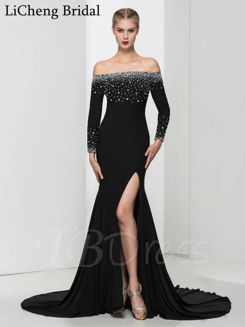 Длинные Рукава вечер dress sexy Лодка Шеи Выкл-Плечу Труба Бисероплетение Суд Поезд
