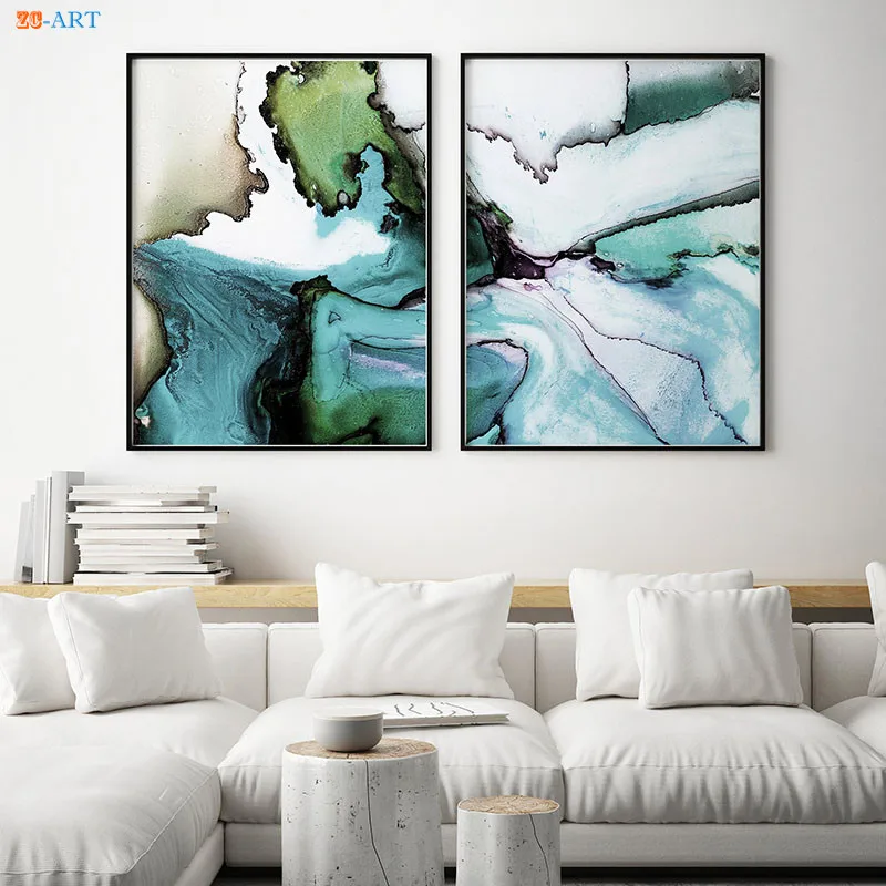 Абстрактным акварельным принтом кисти Wall Art сине белые современный