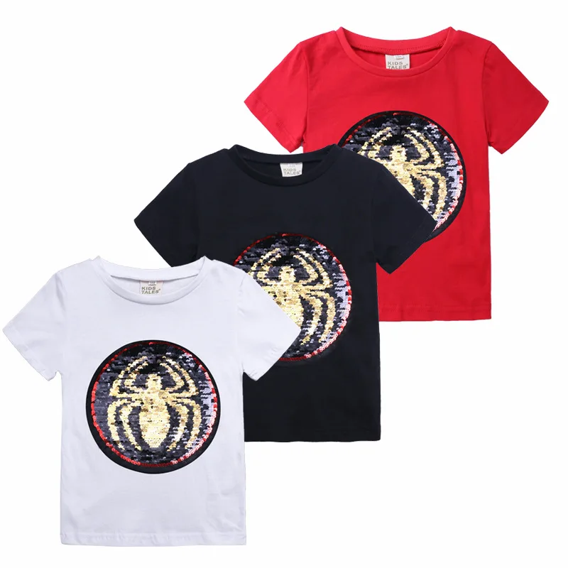 

Spiderman New Style Change Face Tops Magic Discoloration Sequin Captain America Cartoon Christmas t shirt for big boys 2-8 Years