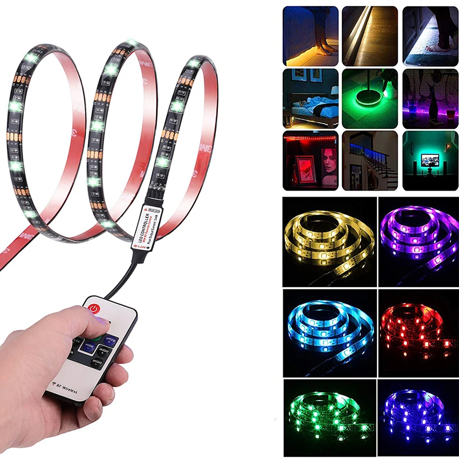 USB Светодиодная лента DC5V с регулируемой яркостью, водонепроницаемый RGB 5V SMD 5050, 10 кнопок, Радиочастотный пульт дистанционного управления, ТВ-фон, красочный светильник для компьютера