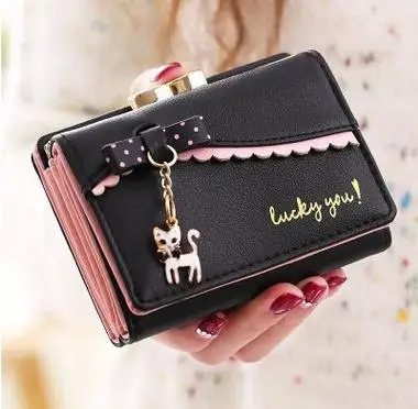 

Hot High Quality bowknot Wallets Cute Cat pendant PU Leather Short Design Women Wallet Coin Purse Ladies Handbag Day Clutch Bag